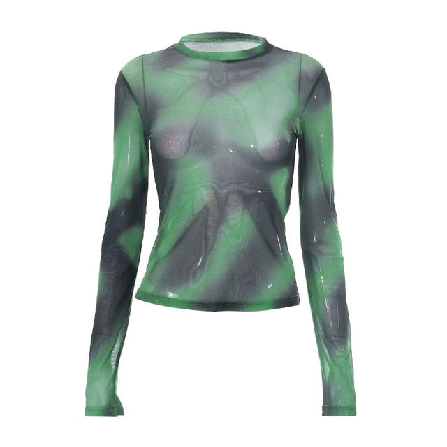 Graphic Mesh Long Sleeve Printed Crop Top