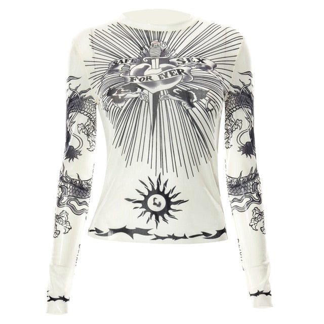 Graphic Mesh Long Sleeve Printed Crop Top