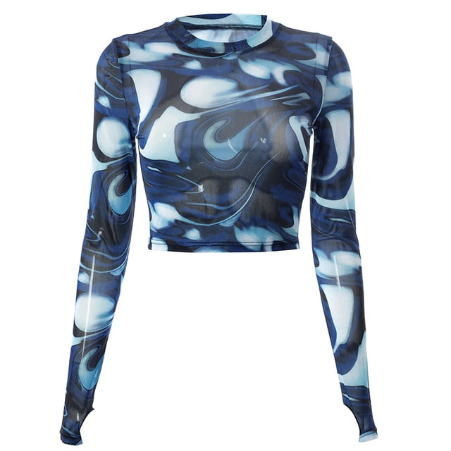 Graphic Mesh Long Sleeve Printed Crop Top
