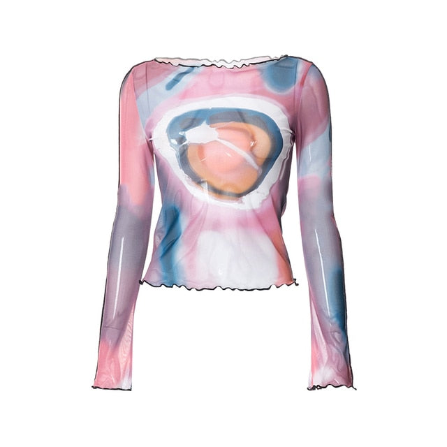 Graphic Mesh Long Sleeve Printed Crop Top