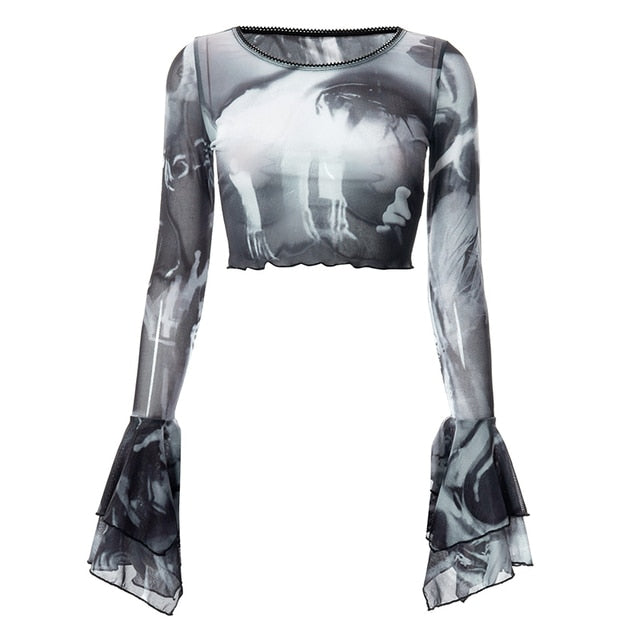 Graphic Mesh Long Sleeve Printed Crop Top