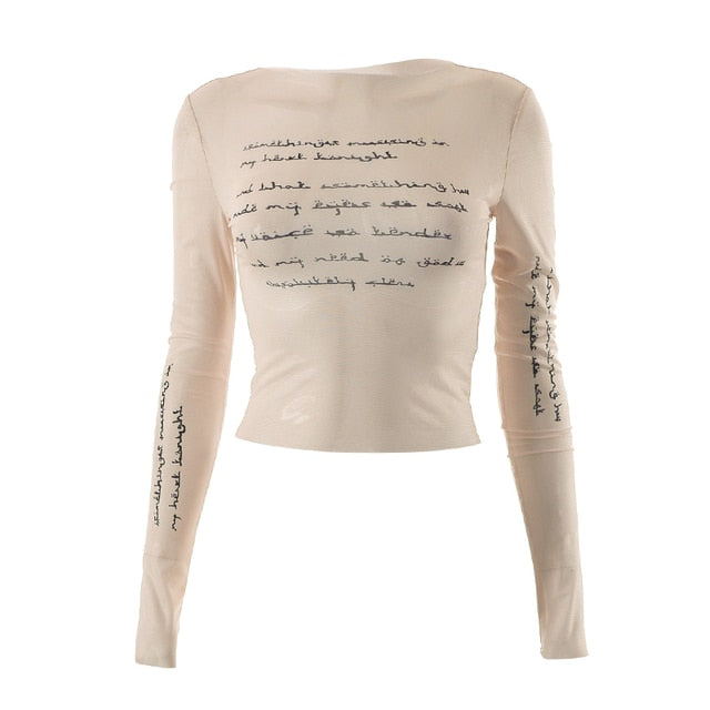 Graphic Mesh Long Sleeve Printed Crop Top