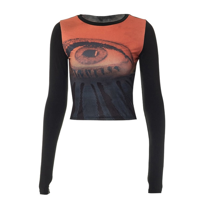 Graphic Mesh Long Sleeve Printed Crop Top
