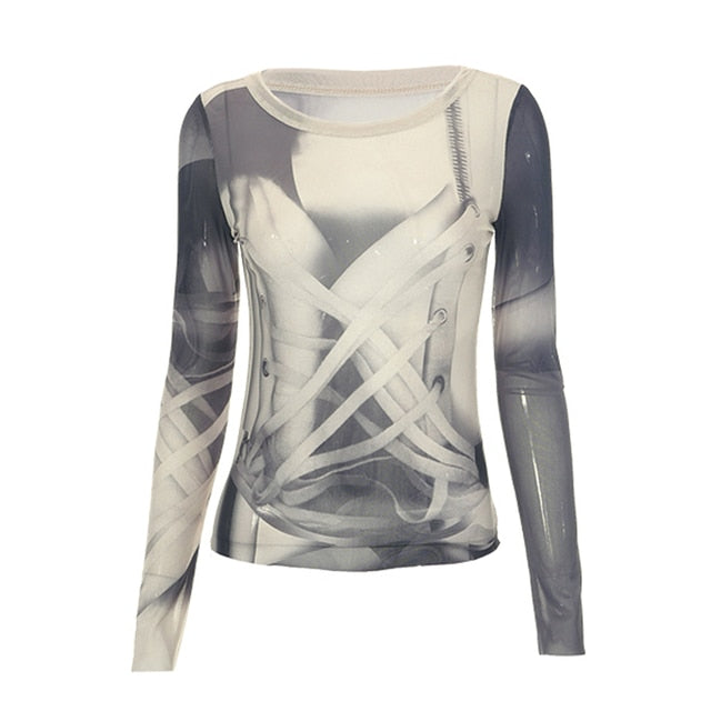 Graphic Mesh Long Sleeve Printed Crop Top