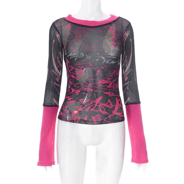Graphic Mesh Long Sleeve Printed Crop Top