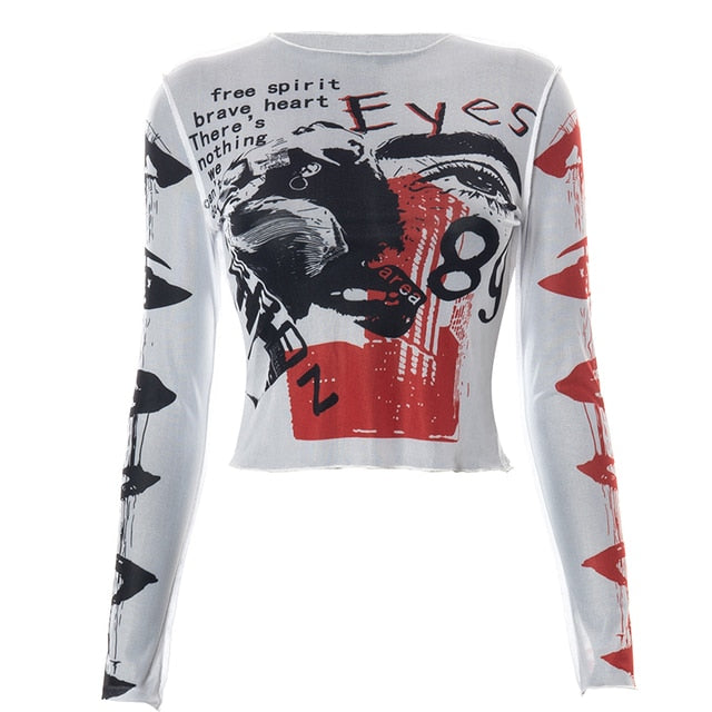 Graphic Mesh Long Sleeve Printed Crop Top