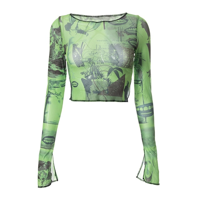 Graphic Mesh Long Sleeve Printed Crop Top