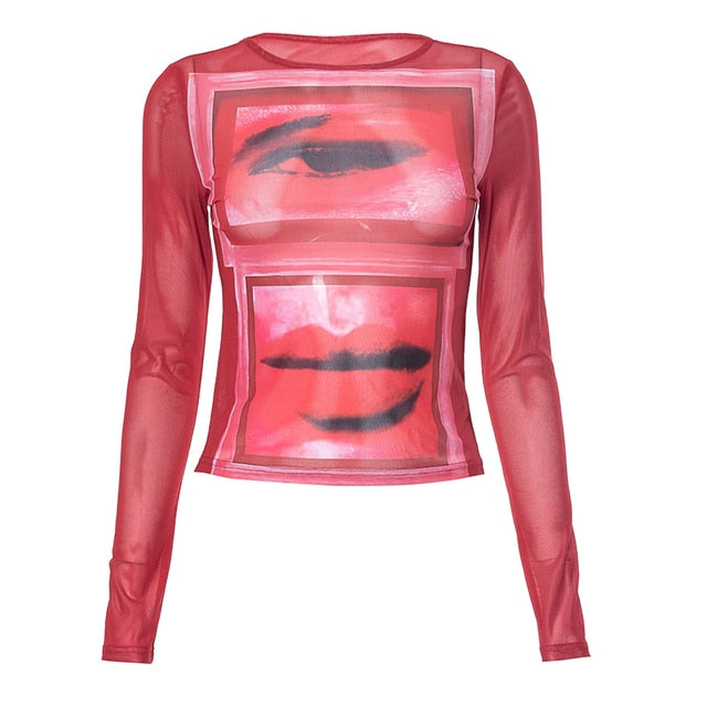 Graphic Mesh Long Sleeve Printed Crop Top