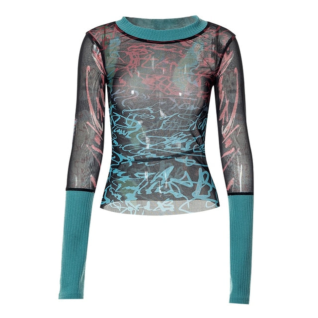 Graphic Mesh Long Sleeve Printed Crop Top