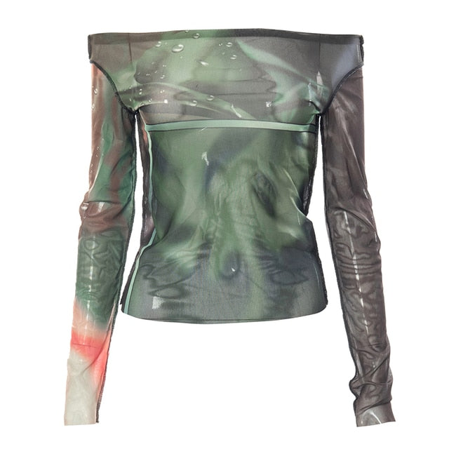 Graphic Mesh Long Sleeve Printed Crop Top