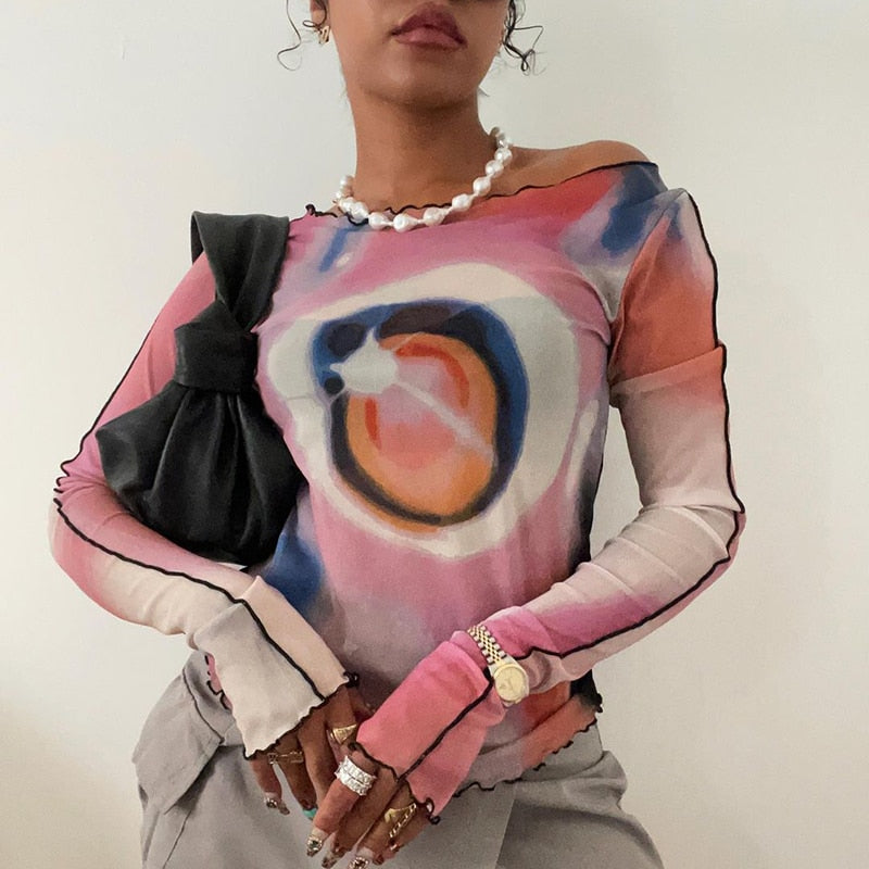 Graphic Mesh Long Sleeve Printed Crop Top