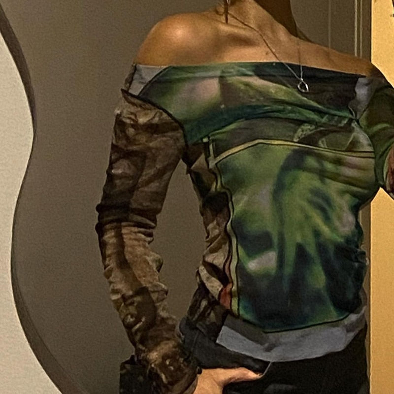 Graphic Mesh Long Sleeve Printed Crop Top