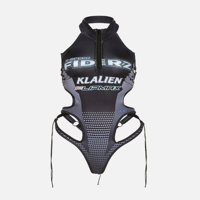 Women Turtleneck Bodysuits V-Neck Zip up Hollow Letter Print Bodysuit Mesh Patchwork Jumpsuit Sexy Fashion Street Biker Jumpsuit
