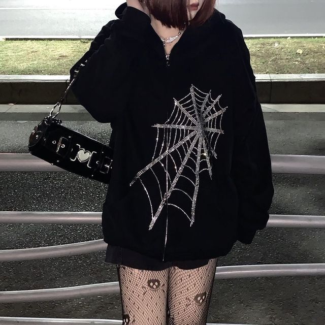 Y2K Gothic Butterfly Print Oversized Zip Up Hoodie